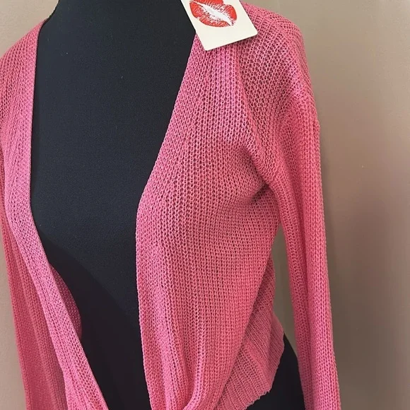 Hyped Unicorn Pink Front Tie Knot Long Sleeve Knit Cropped Cardigan Size S/M NWT - Picture 6 of 9